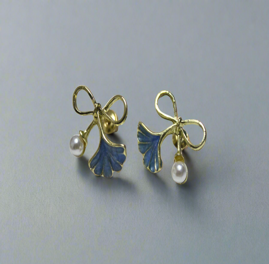 Blue Ginkgo Pearl Stud Earring